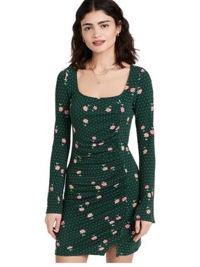 Free People Celia Mini Dress Dark Green Floral Long Sleeve Ruched